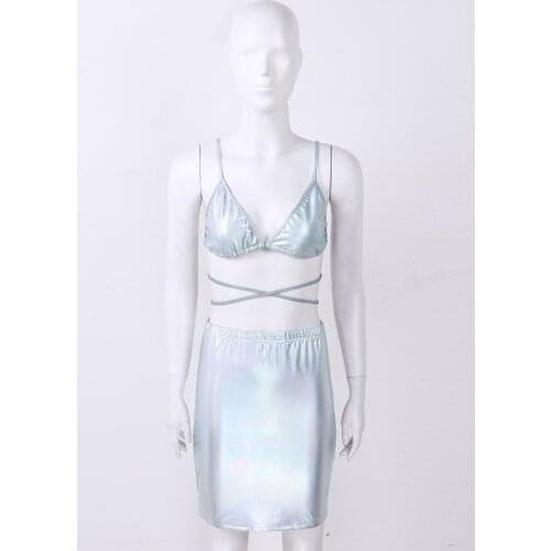 Womens Erotic Parties Shiny Metallic Punk Sexy Set Costume Pole Clubwear Lace-up Bra Tops with Elastic Waistband Mini Skirt