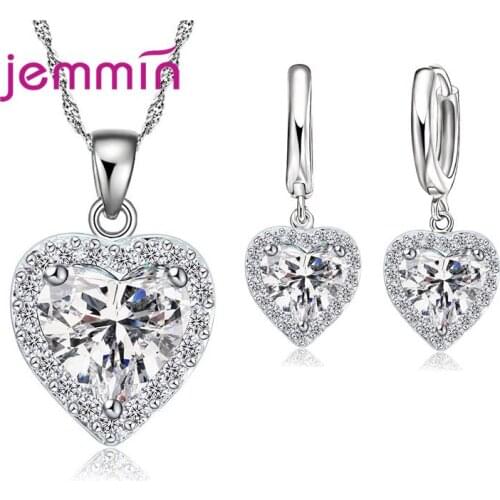 Amazing AAAA+ Zirconia Hoop Earring for Women 925 Sterling Silver Love Heart Wedding Necklace Earrings Jewelry Sets