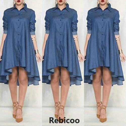New Women Plus Size Jeans Dress Denim Loose Mini Dress Irregular Long Sleeve Dresses Blue Xl
