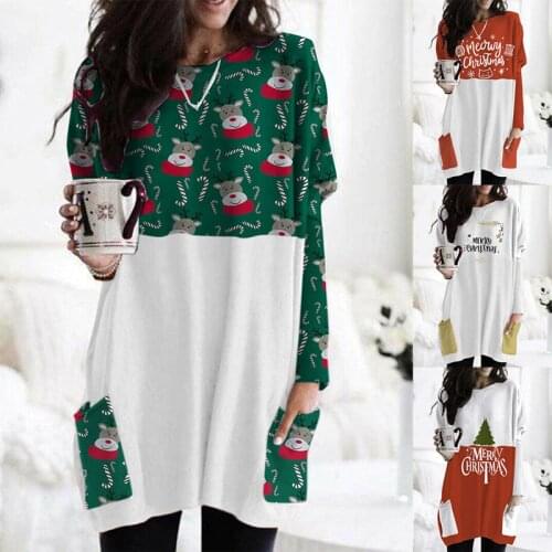 Spring Autumn O Neck Long Sleeve Womens Mini Dress Fashion Casual Loose Christmas Theme Print Pocket Patchwork Lady Dress basic