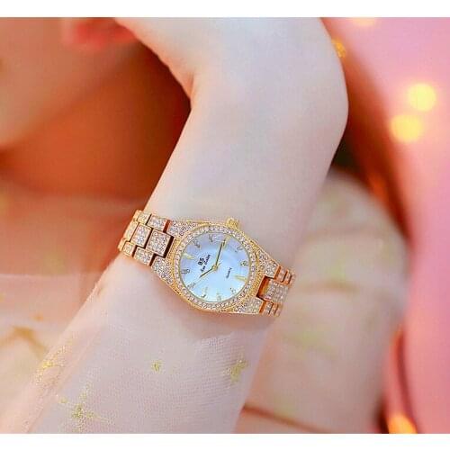 Gold Female Lady Watch with StrassWater Resistant Womens Watch Luxury Fashion Brand Silver Wrist Watch with Reverse Gear 2020