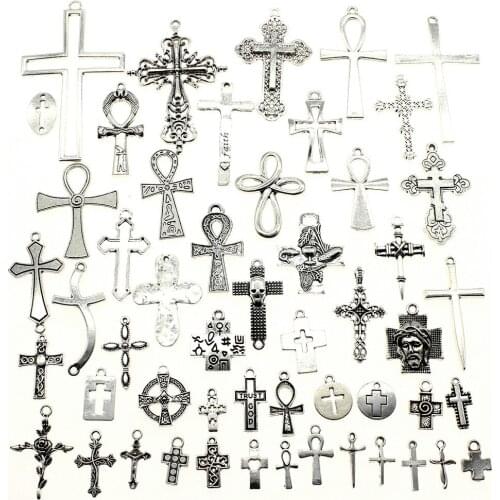 40g Random Mix Designs Antique Silver Plated Zinc Alloy Cross Pendant Charm DIY Jewelry Making Accessories