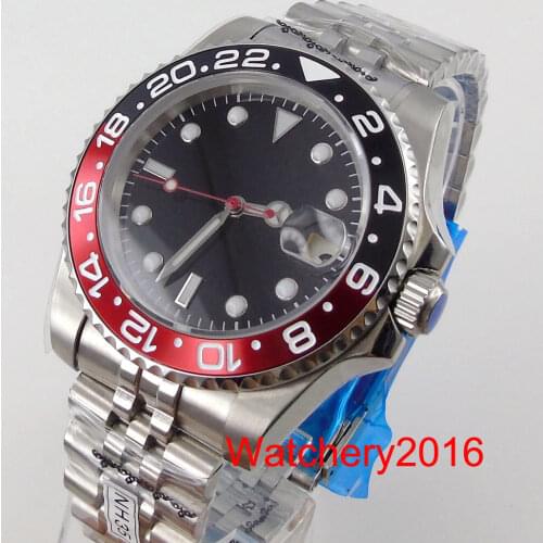 40MM BLIGER Sterile Japan NH35A MIYOTA 8215 Selfwinding Men Watch Red Second Hand Black Red Insert Jubilee Bracelet Glass Back