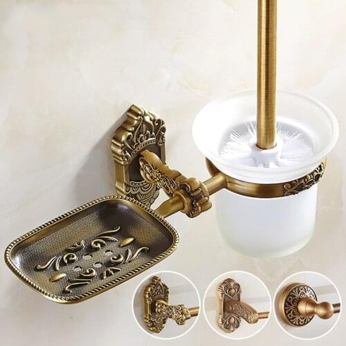 Antique Toilet Brush Holder Free Punching Bathroom Hardware Pendant Set Soap Dish Rack European Toilet Brush Frosted Cup