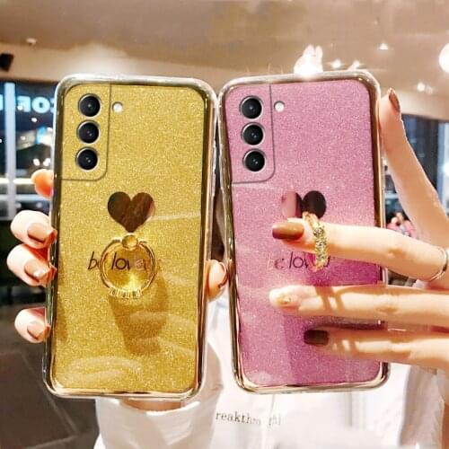 LOVECOM Bling Plating Love Heart Phone Case For Samsung S21 S20 S10 S9 S8 Plus A51 A71 A21S A50 Note 20 Ring Holder Soft Cover