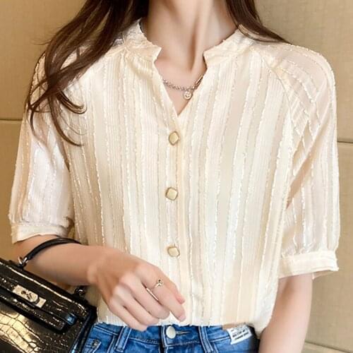 Blusas Blouse Women Blusas Mujer De Moda 2021 Verano Short Sleeve Tops Women V-Neck Chiffon Blouse Shirt Blouses Top Femme E854