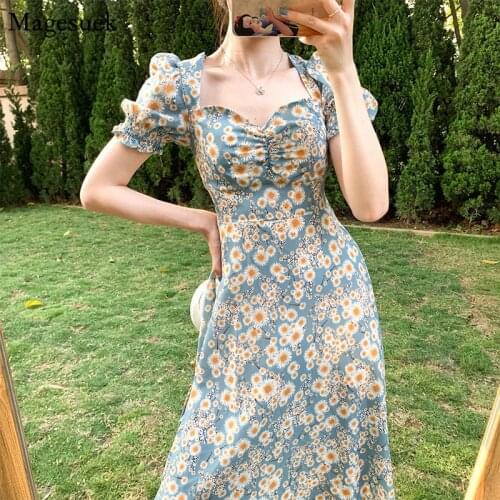 Floral Print Dress Women Summer Fashion Puff Sleeve Sexy Split Slim Plus Size Dresses Elegant Vintage Midi Dress Vestido 15251