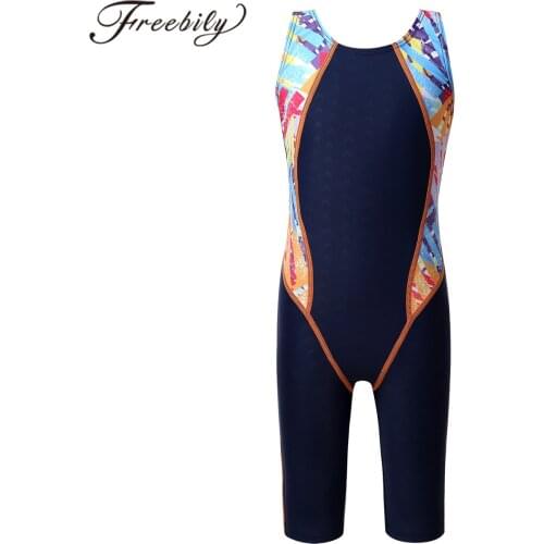 Children Girls One Piece Splice Knee Length Racerback One-piece Swimsuits Kids Swimwear Bathing Suit Child Quick Dry Swimsuit