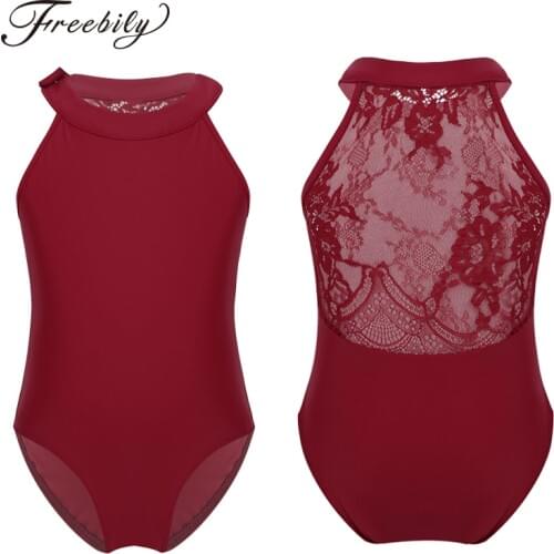 Kids Sleeveless Halter Ballet Leotards Girls Floral Lace Gymnastics Leotard Bodysuit Ballet Practice Stage Dance Costumes