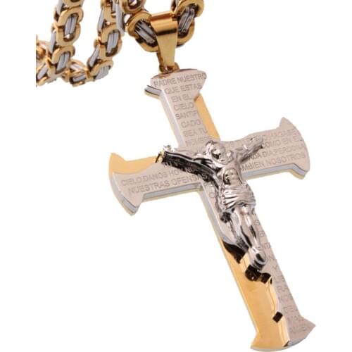 Hot Sale Stainless Steel Multi Layer Cross Christ Jesus Pendant Necklace Byzantine Link Chain Heavy Men Jewelry Gift 6mm