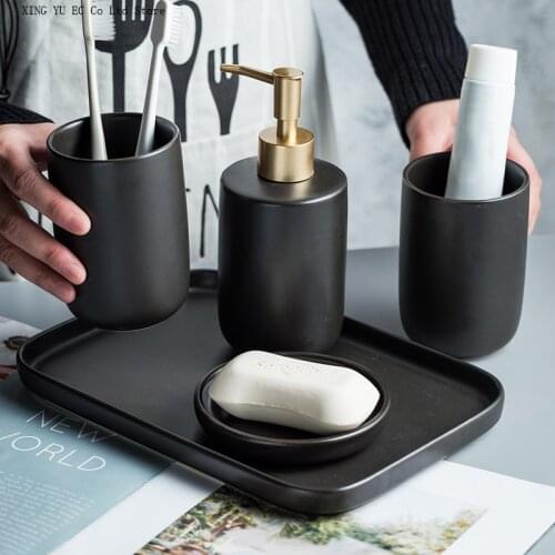 Ceramic Wash Set Bathroom Decoration Accessories Lotion Bottle Soap Dish Mouthwash Cup Black Tray Household Bathroom Supplies