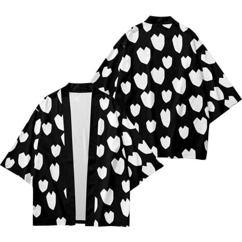 Black White Love Heatr Printed Splicing Kimono Cardigan Men Japanese Traditional Casual Loose Coat Pants Asian Clothes Harajuku