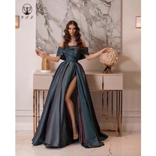 New Arrival Off the Shouldler Pleated Short Sleeve High Slit A Line Taffeta Prom Dresses