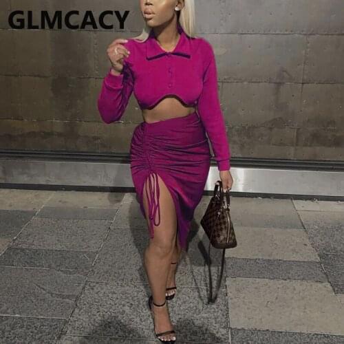 Two Piece Chic Dress Suits Long Sleeve Button Up Crop Top & Drawstring Slit Midi Skirt Set