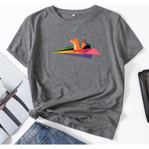 Fox on Paper Airplane Travel with Dreams Woman T-Shirt Short Sleeve T-Shirts Summer Tops for Women Cotton Graphic Female Shirt