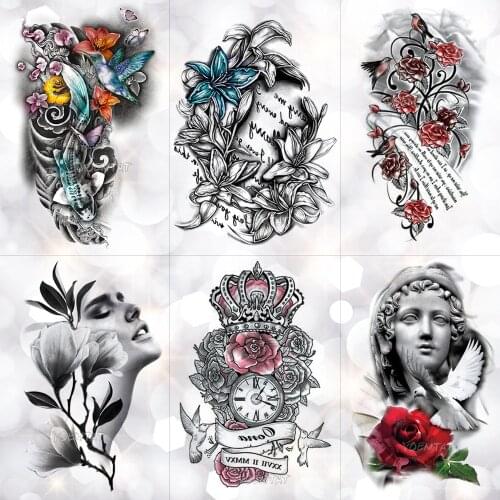 Love Crown Rose Blue Lily Flower Waterproof Temporary Tattoo Sticker Pigeon Angel Flash Arm Tattoos Body Art Fake Tatoo