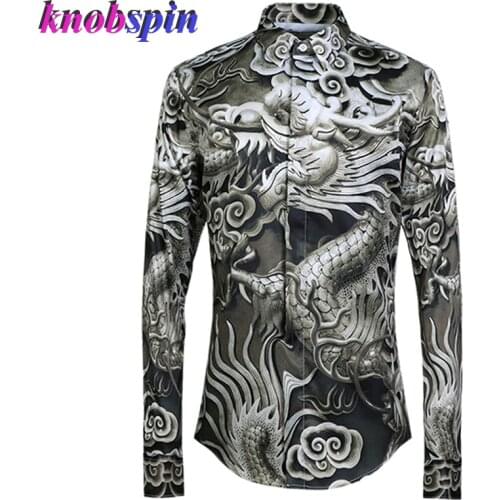 Overbearing Dragon Printed Shirt men 2019 Slim Casual chemise homme long sleeve Plus size Camisas Business male Dress Shirts