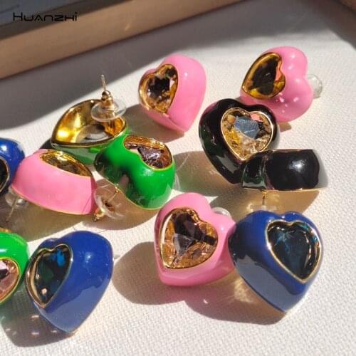 New Colorful Rhinestone Geometric Crystal Love Heart Stud Earrings Multicolor Zircon for Women Girl Party Jewelry HUANZHI 2021