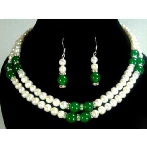 New Style Hot sale*2 color- 2 row 7-8mm white pearl & green/red stone necklace earring set Fashion Wedding Party Jewellery