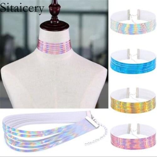 Sitaicery Women Gothic Punk Multi-layer Choker Collar Necklace Shiny Reflective Leather Chain Neck Statement Jewelry Chocker