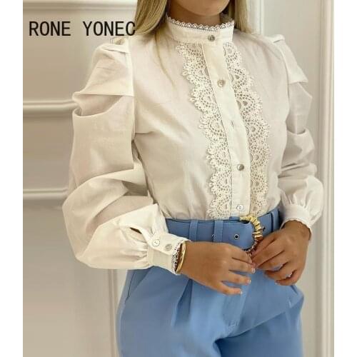 Women Solid Casual Elegant Lace and button Puff Sleeves Blouse