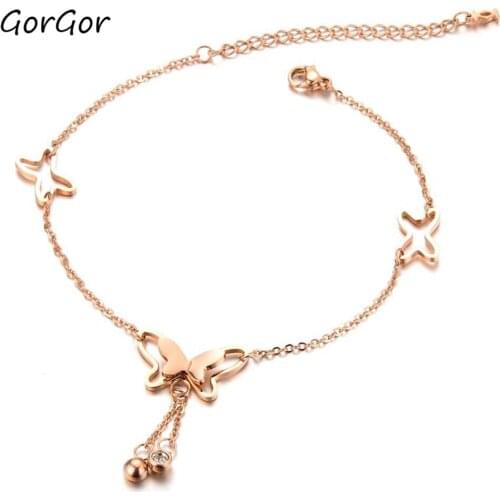 GorGor Summer Accessories Beautiful Rose-plated Gold Fashionable Stainless Steel Exquisite Temperament Bow Anklet Jewelry 002