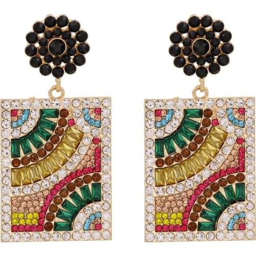 Colorful Full Crystal Geometric Square Big Earrings Women Bohemian Ethnic Statement Large Earring Jewelry Female Long Earrings