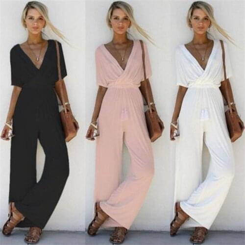 Women Summer Loose Short Sleeve Casual Jumpsuit Ladies Elegant V-Neck Fashion Clubwear Wide Leg Slim Pants Trousers
