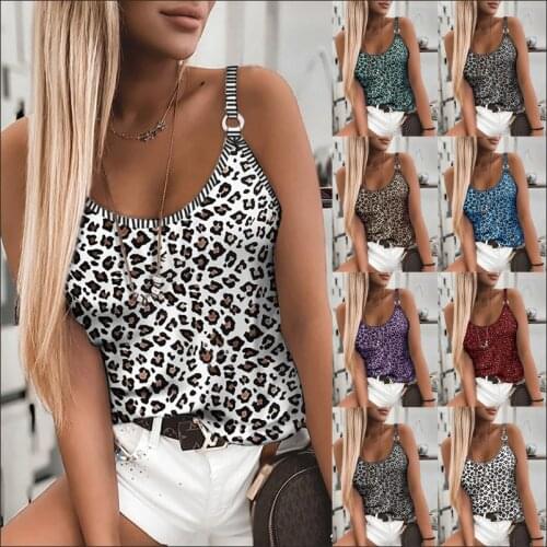 Womens Fashion Leopard Print Tops Summer Casual Sexy Elastic Metal Buckle Sling T-shirt Vest Loose Large Size Blouses Vest