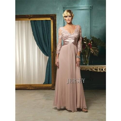 Free shipping 2015 vestidos Pink V-neck lace long-sleeve chiffon bridal new design custom long gown Mother of the Bride Dresses