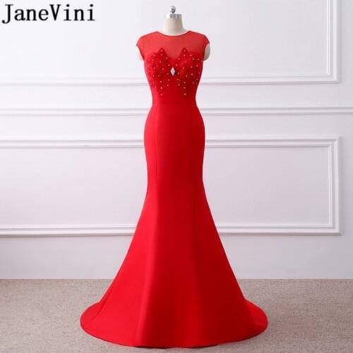 JaneVini 2018 Red Mermaid Long Dress For Wedding Party Elegant Crystal Lace Satin Bridesmaid Dresses Women Vestidos Largos Rojos