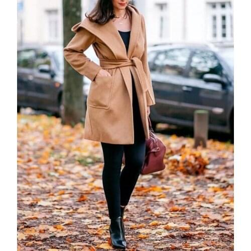 Obrix Female Camel Hair Spring Autumn Coat Hooded V-Neck Casual Full Sleeve Belt Closure Streetwear Trendy Coat For Women