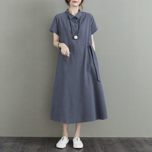 2021 New Arrival Cotton Linen Loose Women Casual Summer Dress Korea Style Fashion Girls Blouse Dress Office Lady OL Work Dress