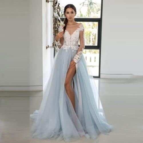 Thinyfull 2020 New Arrival Side Slit Wedding Dresses Scoop A Line Long Sleeve Bridal Gown Button Lace Appliques Vestido De Novia