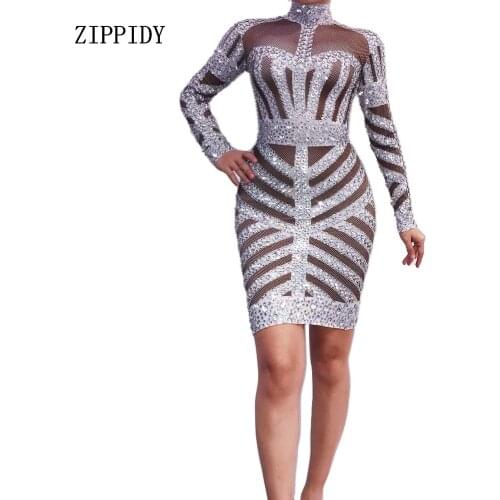 2020 Shining Silver Rhinestones White Dress Womens Birthday Prom Celebrate Long Sleeves Dress Evening Dance Stretch Costume