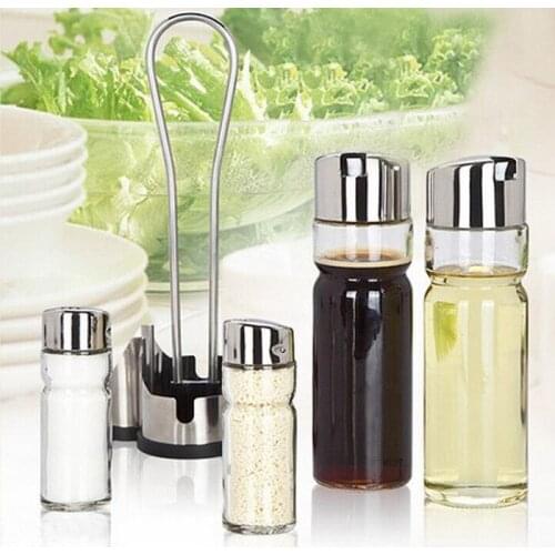4pcs/sets Stainless steel spice jar seasoning spice tools vinegar sauce pot glass bottle vinegar cruet suits