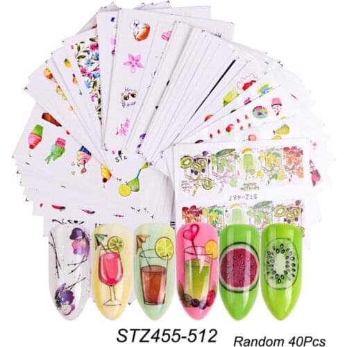40sheets Watermark Nail Stickers Mixed Flower Cartoon Nail Art Water Transfer Sticker Decals Manicure Wraps Decor