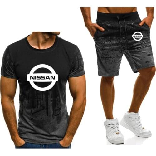 New 2021 Summer Mens t-shirt and shorts Nissan car Logo print casual Gradient High Quality Cotton Mens T-Shirt short Suit 2Pcs