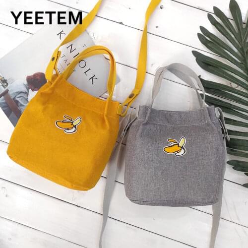 New cotton linen canvas bag slung cute fruit embroidery bucket bag female shoulder casual cloth Harajuku style female bag