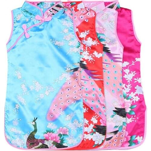 New Arrival Baby Girl Dress Peacock Qipao Cheongsam Chinese Traditional Kids Girls Floral Sleeveless Slim Dress Clothes Summer