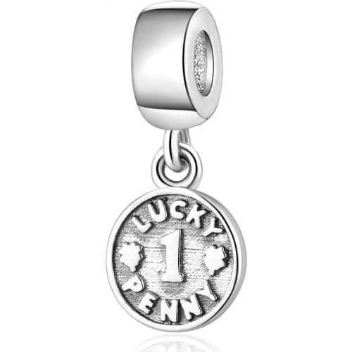 Authentic S925 Silver Vintage Lucky Penny Pendant Beads Charm fit Lady Bracelet Bangle For Women DIY Jewelry Marking
