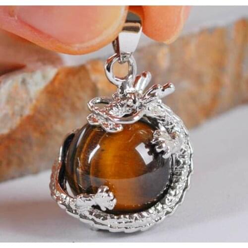 Dragon Pendant Natural Stone 16MM Round Bead Gold Tigereeye Fit Necklace For Men Women Jewelry Gift Earrings Gem K1904