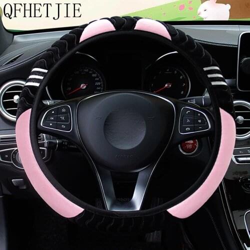 QFHETJIE Car Steering Wheel Cover Kitty Shape Plush Without Inner Ring Elastic Band Grip Cover Wear-resistant and Durable