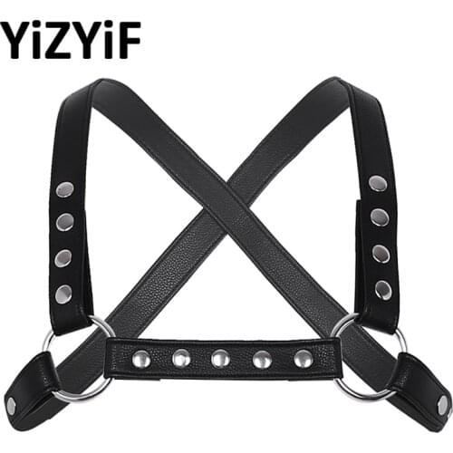 Sexy Mens Harness Straps Faux Leather Adjustable Body Chest Harness Belt Zentai With Metal O-rings Fancy Club Party Costumes