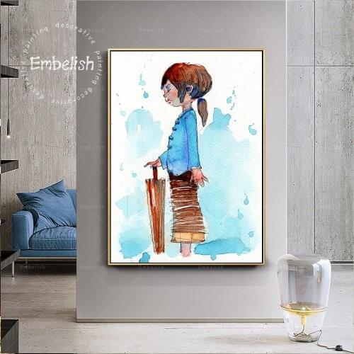 Embelish Hand Draw Girl In Lanna Dress Modern Home Decor Cartoon Wall Art Posters For Living Room HD Canvas Oil Painting Picture