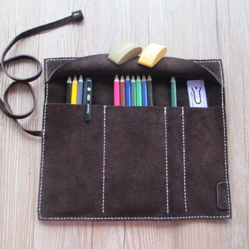 HighQuality vintage 24*21cm largespace school pencil case cowhide leather pencil case estuche school astuccio scuola pen case