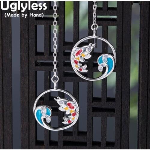 Uglyless Enamel Fishes Carps Waves Ear Lines for Women China Chic Long Chains Earrings 925 Sterling Silver Hollow Medals Jewelry
