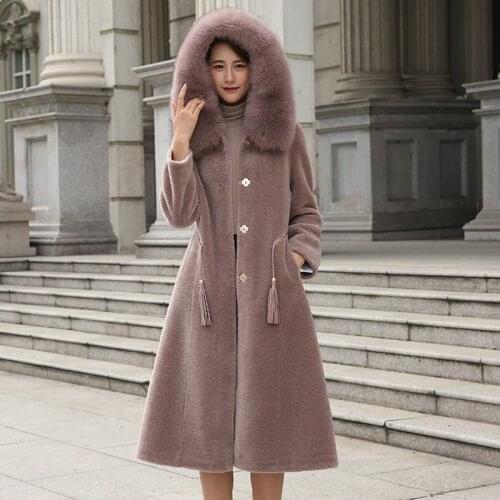 Real Fur Coat Female Winter Natural Fox Fur Hooded Jacket Women Korean Long Sheep Shearing Coats Vintage 100% Wool Jacket LW1929