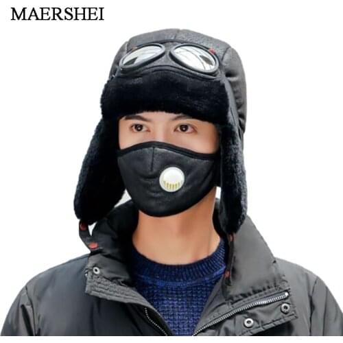 Winter Bomber Hats Plush Earflap Russian Ushanka with Goggles Men Womens Trapper Pilot Hat Mask Breath Free Fur Snow Caps