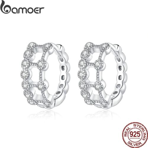 Bamoer Authentic 925 Sterling Silver Simple Ear Buckles Stud for Women Men Silver Fashion Hypoallergenic CZ Jewelry BSE458